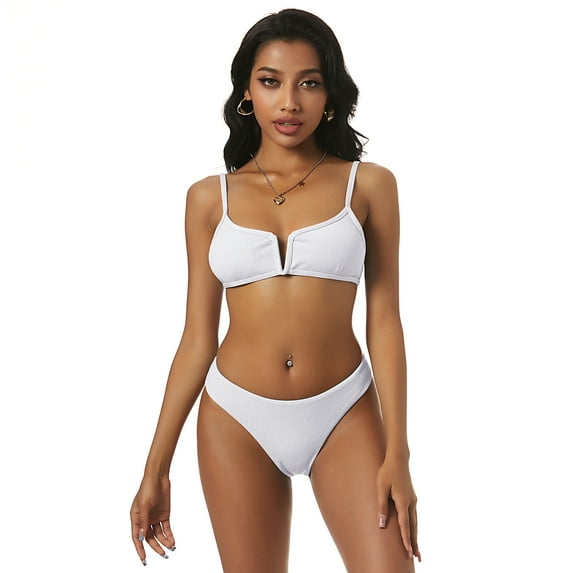 ZAFUL Women Swimsuit Ribbed V Cut Bikini Set White XL