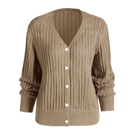 ZAFUL Women's Casual V Neck Solid Color Cutout Long Sleeve Cardigan Khaki S
