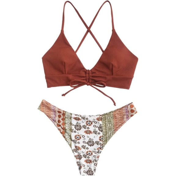 Women's Sexy Triangle Bikini Set Floral Print Spaghetti Strap 2 Piece Swimsuit Crisscross High Cut Bathing Suit