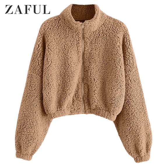 ZAFUL Zipper Drop Shoulder Faux Fur Coat Khaki M