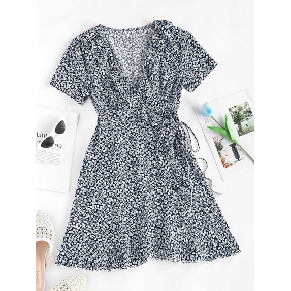 ZAFUL for Female leisure Ditsy Floral Ruffles Wrap Dress Deep Blue L