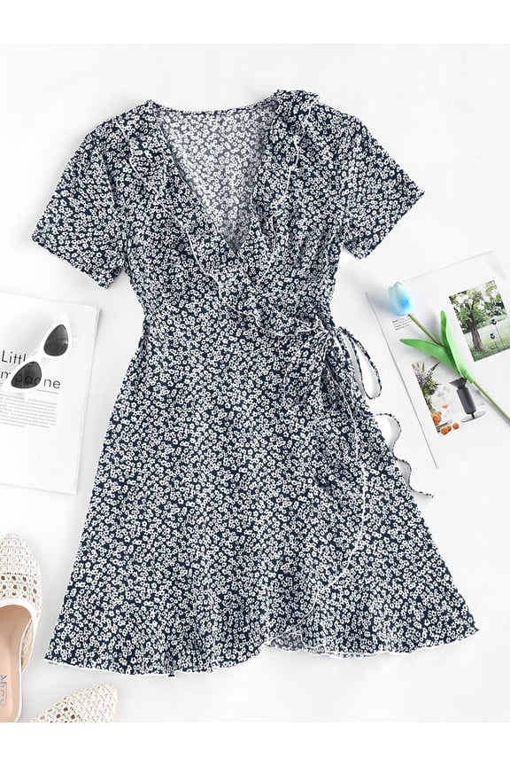 for Female leisure Ditsy Floral Ruffles Wrap Dress Deep Blue M
