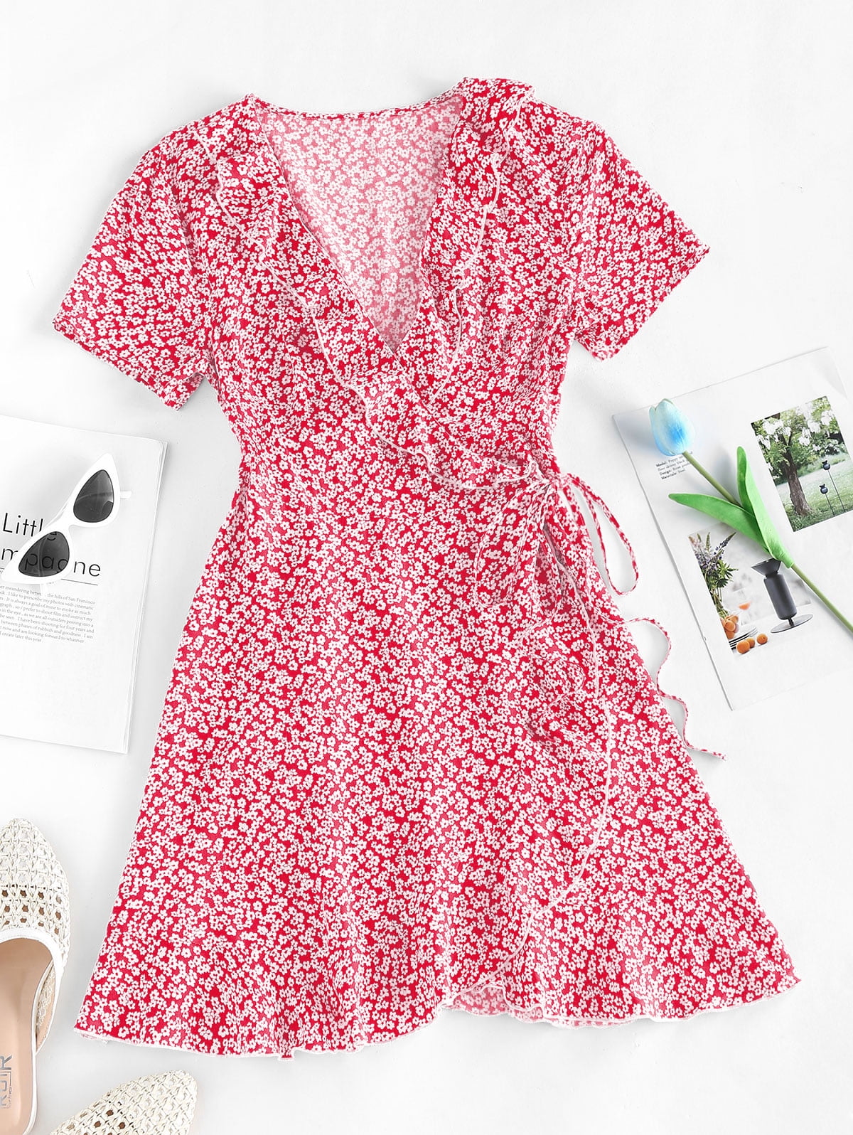 ZAFUL for Female leisure Ditsy Floral Ruffles Wrap Dress Light