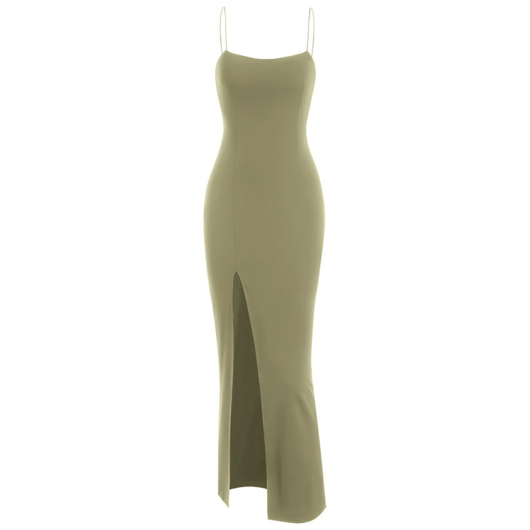 ZAFUL for Ladies Prom Dress or cocktail dress Spaghetti Strap Thigh Split  Slinky Bodycon Maxi Dress Green S 