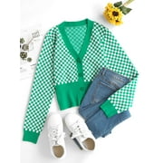 ZAFUL for Women Checkerboard Plaid Knit Cardigan Green M