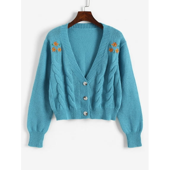 ZAFUL for Women Floral Embroidered Button Up Cable Knit Cardigan Blue S