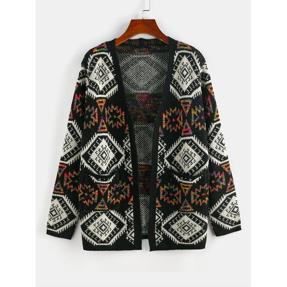 ZAFUL for Women Geometric Dual Pocket Open Front Cardigan Black M