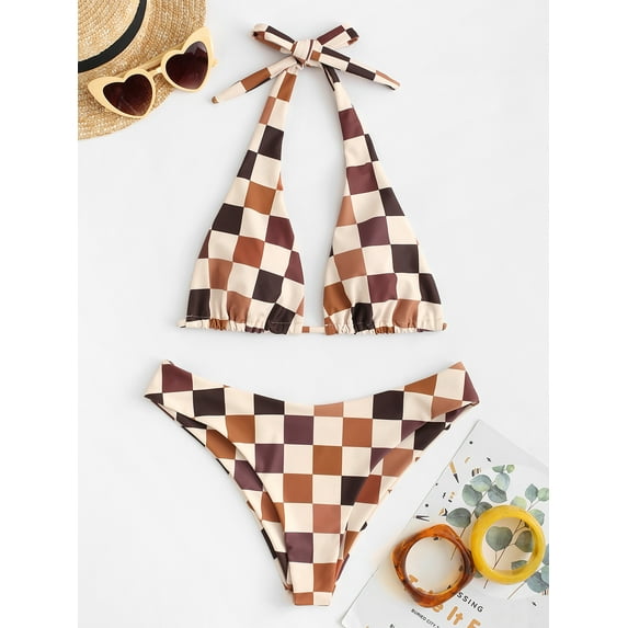 ZAFUL for Women Halter Checkerboard Bikini Swimwear Coffee L