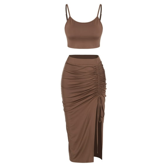 ZAFUL for Women Prom Dress or Cocktail Dress Evening Part Dress Cami Top and Ruched Slit Skirt Set Deep Coffee M