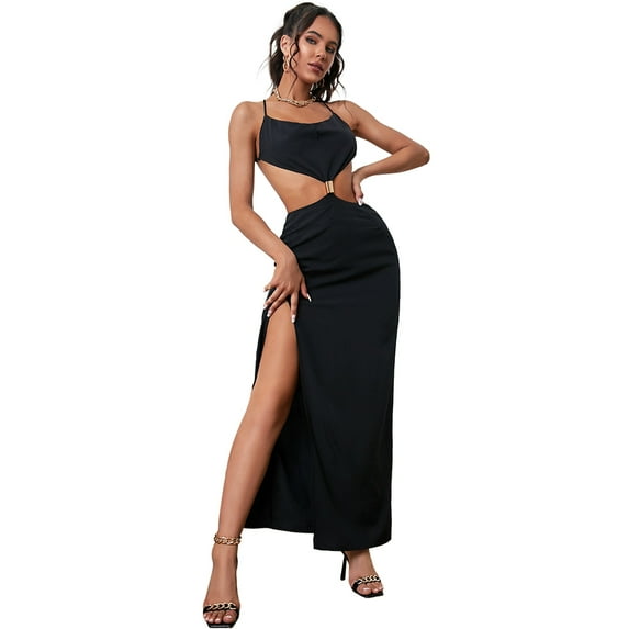 ZAFUL for Women Prom Dress or Cocktail Dress Evening Part Dress Cowl Front Ring Cut Out Thigh Slit Maxi Dress Black L