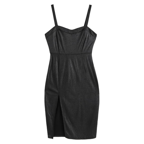 ZAFUL for Women Prom Dress or Cocktail Dress Evening Part Dress Glitter Metallic Front Slit Plus Size Midi Dress Black L