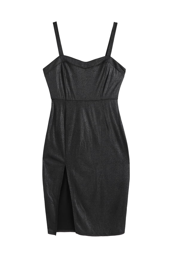 for Women Prom Dress or Cocktail Dress Evening Part Dress Glitter Metallic Front Slit Plus Size Midi Dress Black L