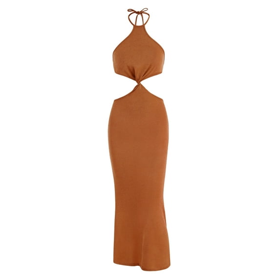 ZAFUL for Women Prom Dress or Cocktail Dress Evening Part Dress Halter Knit Cutout Slinky Maxi Sleeveless Dress Orange L