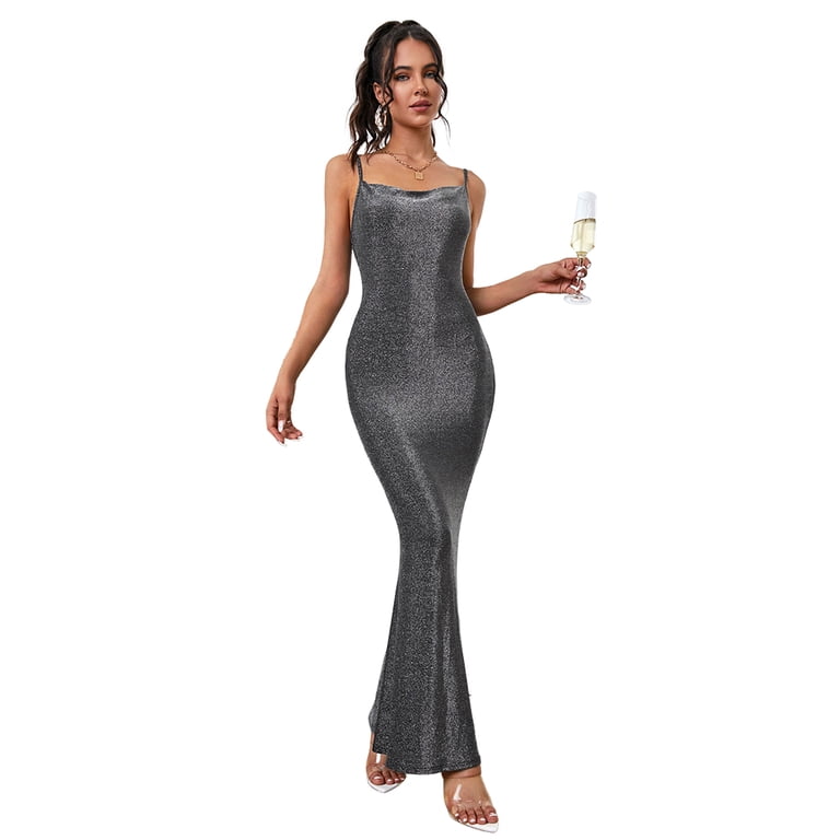 ZAFUL for Women Prom Dress or Cocktail Dress Evening Part Dress Metallic  Sparkle Cowl Front Cami Mermaid Dress Dark Gray S - Walmart.com