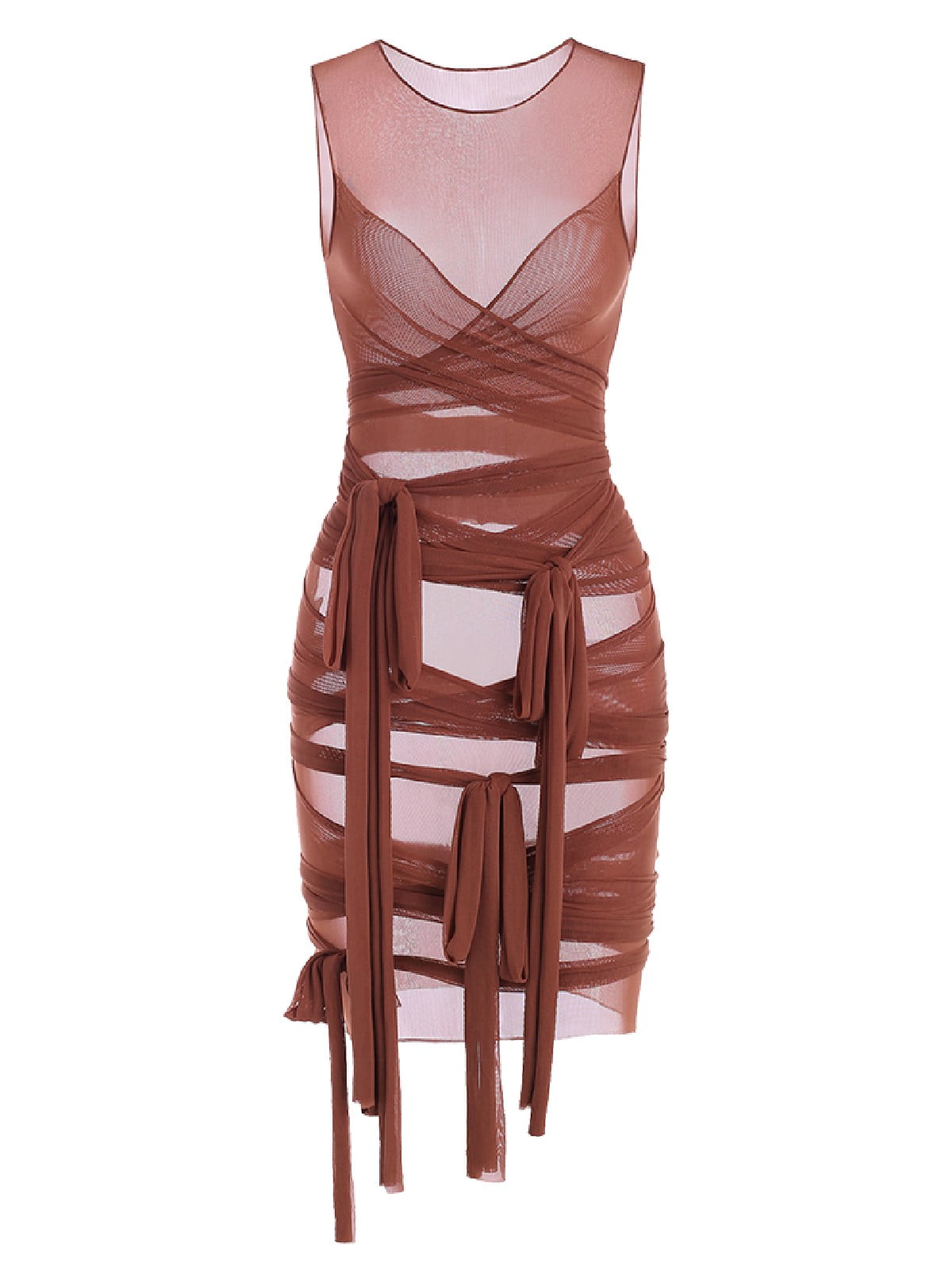 brown mesh wrap dress Sheer Luck Nyree Mesh Flutter Belt Off-Shoulder Wrap Mini Dress (Brown) M