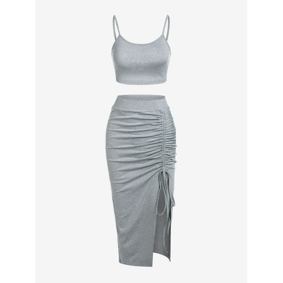ZAFUL for Women Prom Dress or Cocktail Dress Evening Party Dress Cami Top and Ruched Slit Skirt Set Light Gray M
