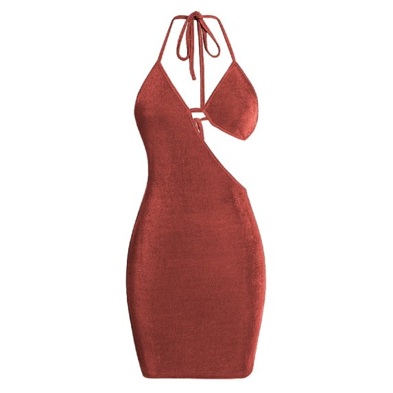 ZAFUL for Women Sexy Prom dress Cocktail Party Dress Backless Bra Cutout Jersey Halter Slinky Dress Deep Coffee L