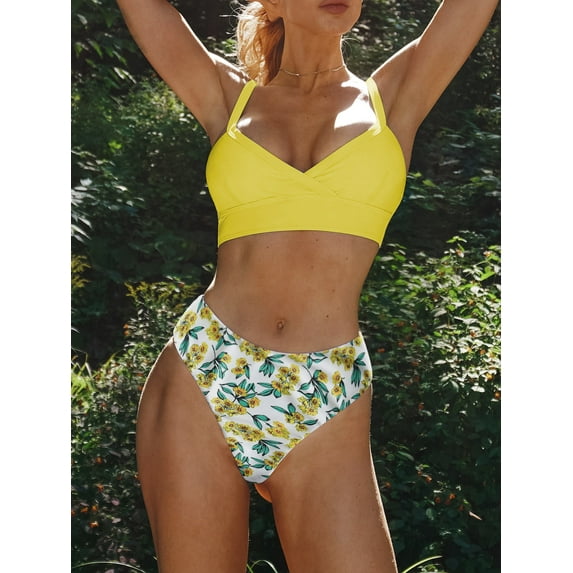 ZAFUL for Women Swimsuit or Bikini Set Plunge Surplice Floral Tankini Swimsuit Yellow XL