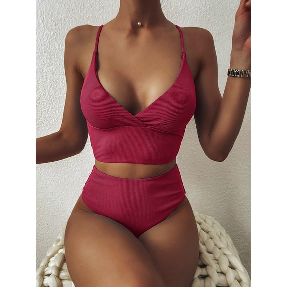 ZAFUL for Women Two Pieces Swimwear Adjustment Ribbed High Leg Surplice Tankini Swimsuit Deep Red 2XL