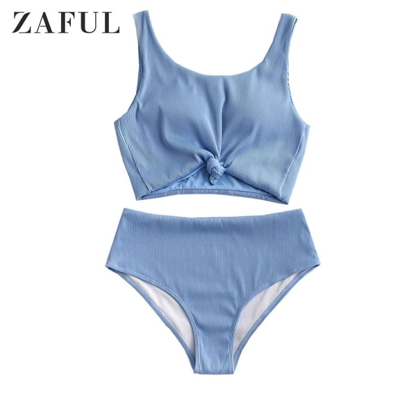 ZAFUL for Women' Vacation Knot Ribbed Tankini Swimsuit Light Sky Blue L