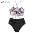 thumbnail image 1 of ZAFUL for Women' Vacation Leaf Print Lace-up Ruched Tankini Swimsuit Black 2XL, 1 of 6