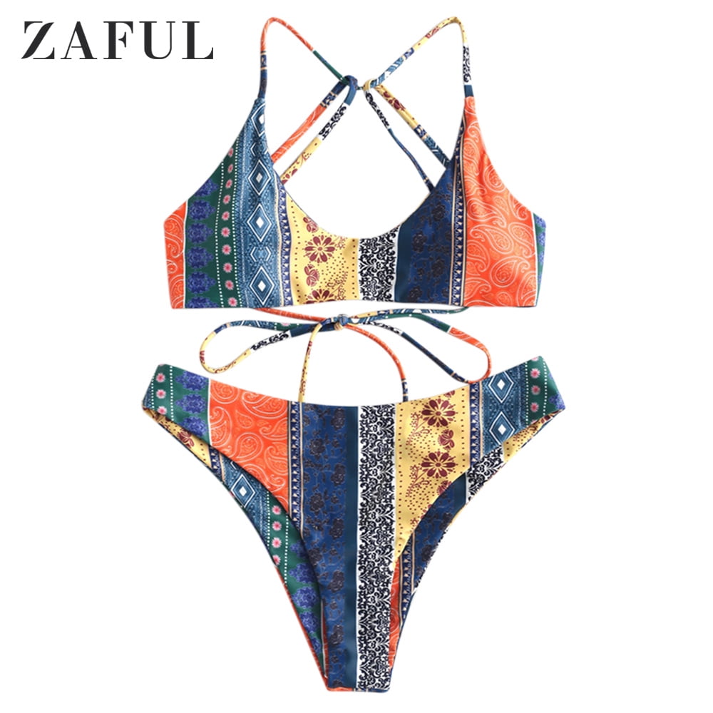 ZAFUL for Women's Swimwear Ethnic Flower Strappy Bikini Set Multi