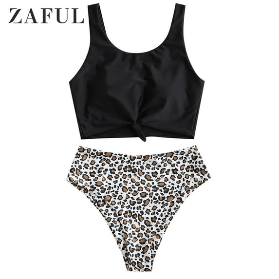 ZAFUL for Women's Swimwear Knot Dalmatian Print High Waisted Tankini Swimsuit Leopard XL