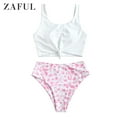 thumbnail image 1 of ZAFUL for Women's Swimwear Knot Dalmatian Print High Waisted Tankini Swimsuit Pink M, 1 of 6