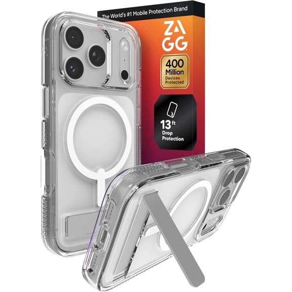 ZAGG Crystal Palace Case with Kickstand for iPhone 17 Pro - Clear Drop Protection (13ft/4m) MagSafe Charging Compatible ClearGuard Anti-Yellowing Technology Scratch Resistant Phone Case