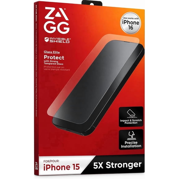 ZAGG Elite Glass Screen Protector for iPhone 16 and iPhone 15-5X Stronger Tempered Glass, Scratch & Impact Protection, Smudge-Resistant, Easy to Install, InvisibleShield - Clear