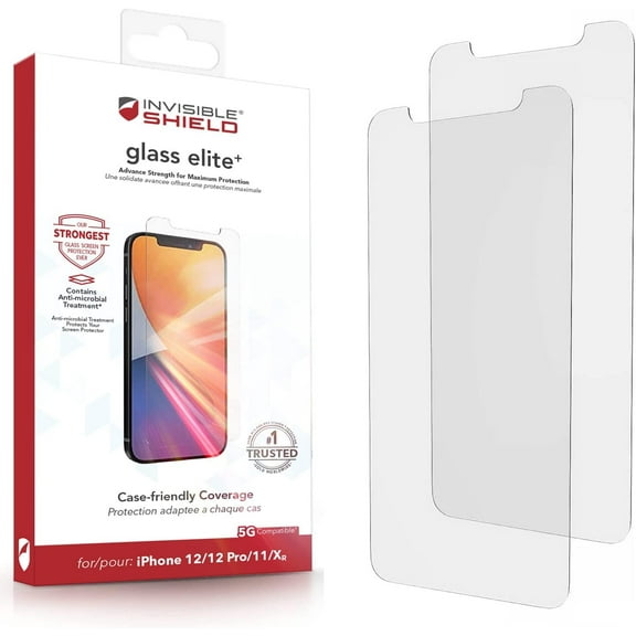 ZAGG InvisibleShield Glass Elite+ Plus Screen Protector for iPhone 12 and iPhone 12 PRO  Strongest Tempered Glass, Smudge-Free ClearPrint, Extreme Shatter, Impact and Scratch Protection - 2 PACK