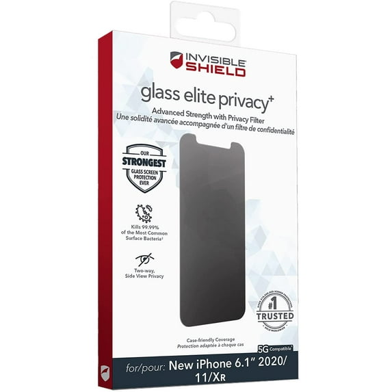 ZAGG InvisibleShield Glass Elite Privacy+ - Privacy Screen Protector for iPhone 12 Pro, iPhone 12, iPhone 11, iPhone XR – Anti-Microbial Technology, Tempered Glass, 3X Impact Protection