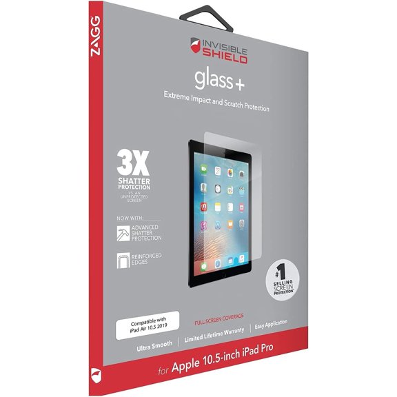 ZAGG InvisibleShield Glass+ Screen Protector for iPad Pro 10.5 and iPad Air 3 3rd Generation, 2019 - Tempered Glass, HD Clarity, Smudge Resistant, Impact and Scratch Protection - Crystal Clear