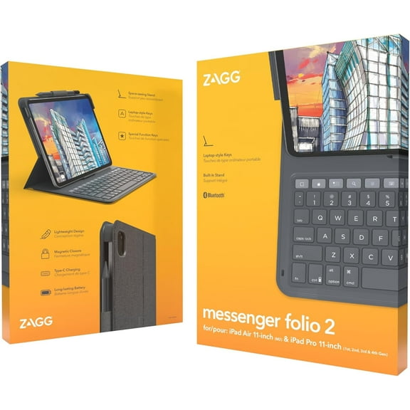 ZAGG Messenger Folio 2 Keyboard Case  iPad Air 11" (M3/M2), iPad Pro 11" (Gen 41), iPad Air 10.9" (Gen 5/4)  Laptop-Style Keys, Pencil Holder