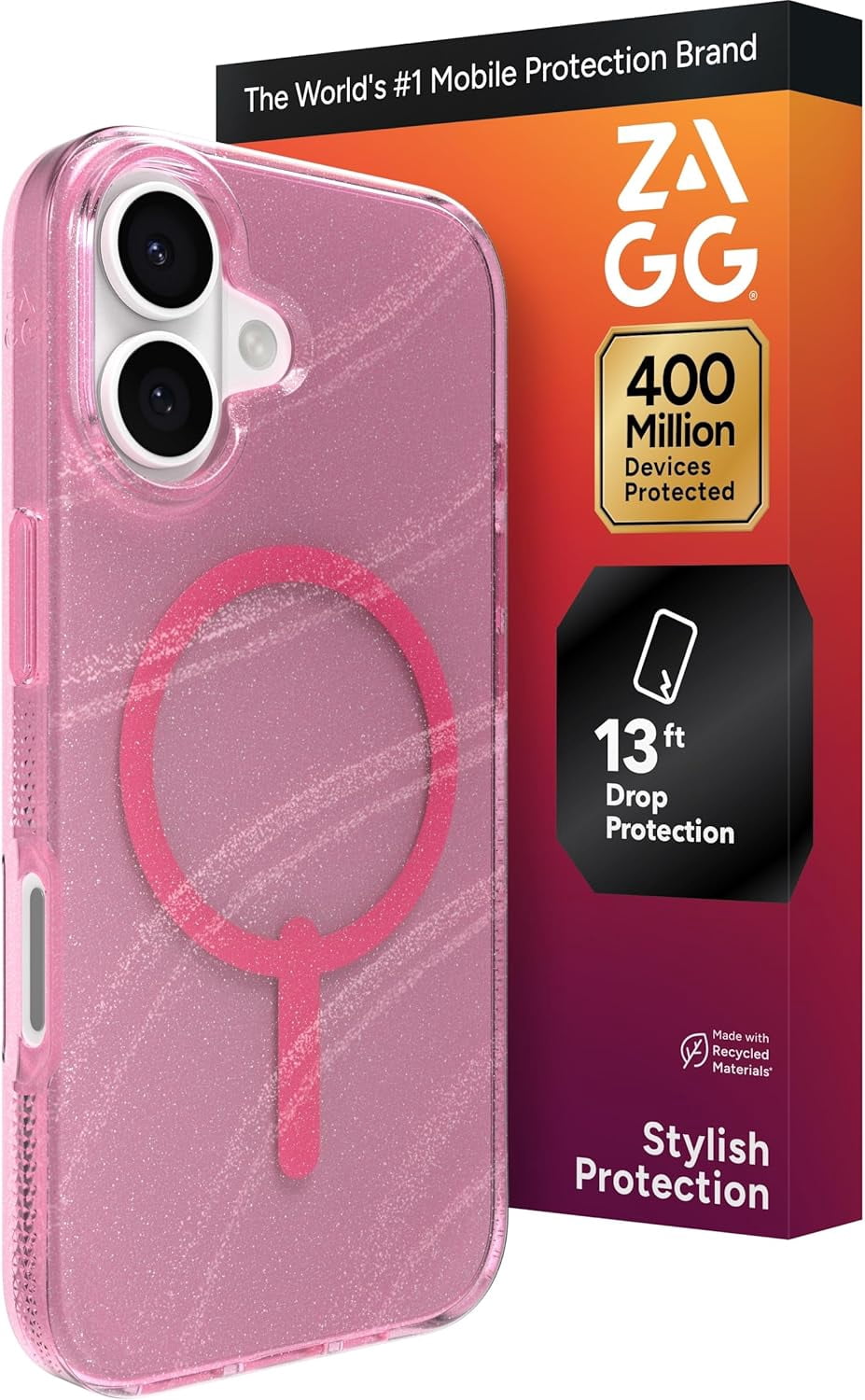 ZAGG Milan Snap Case For iPhone 17 - Pink Glimmering Wave Graphene Strengthened Phone Case with Drop Protection (13ft/4m) Textured Edges & Sparkle Design MagSafe Charging Compatible
