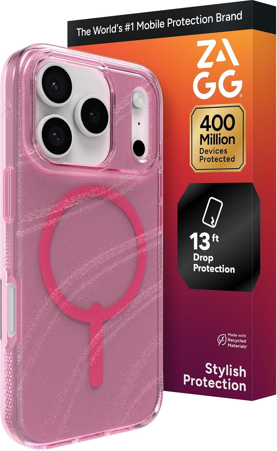 ZAGG Milan Snap Case For iPhone 17 Pro - Pink Glimmering Wave Graphene Strengthened Phone Case with Drop Protection (13ft/4m) Textured Edges & Sparkle Design MagSafe Charging Compatible