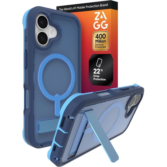 ZAGG Rainier Case with Kickstand for iPhone 17 - Blue Cobalt Horizon Graphene 22ft (7m) Drop Protection Lanyard Attach Points MagSafe Wireless Charging Compatible 2-Piece Design Phone Case