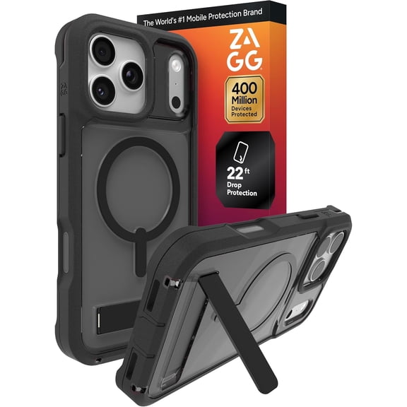 ZAGG Rainier Case with Kickstand for iPhone 17 Pro Max - Smoke Black Graphene 22ft (7m) Drop Protection Lanyard Attach Points MagSafe Wireless Charging Compatible 2-Piece Design Phone Case
