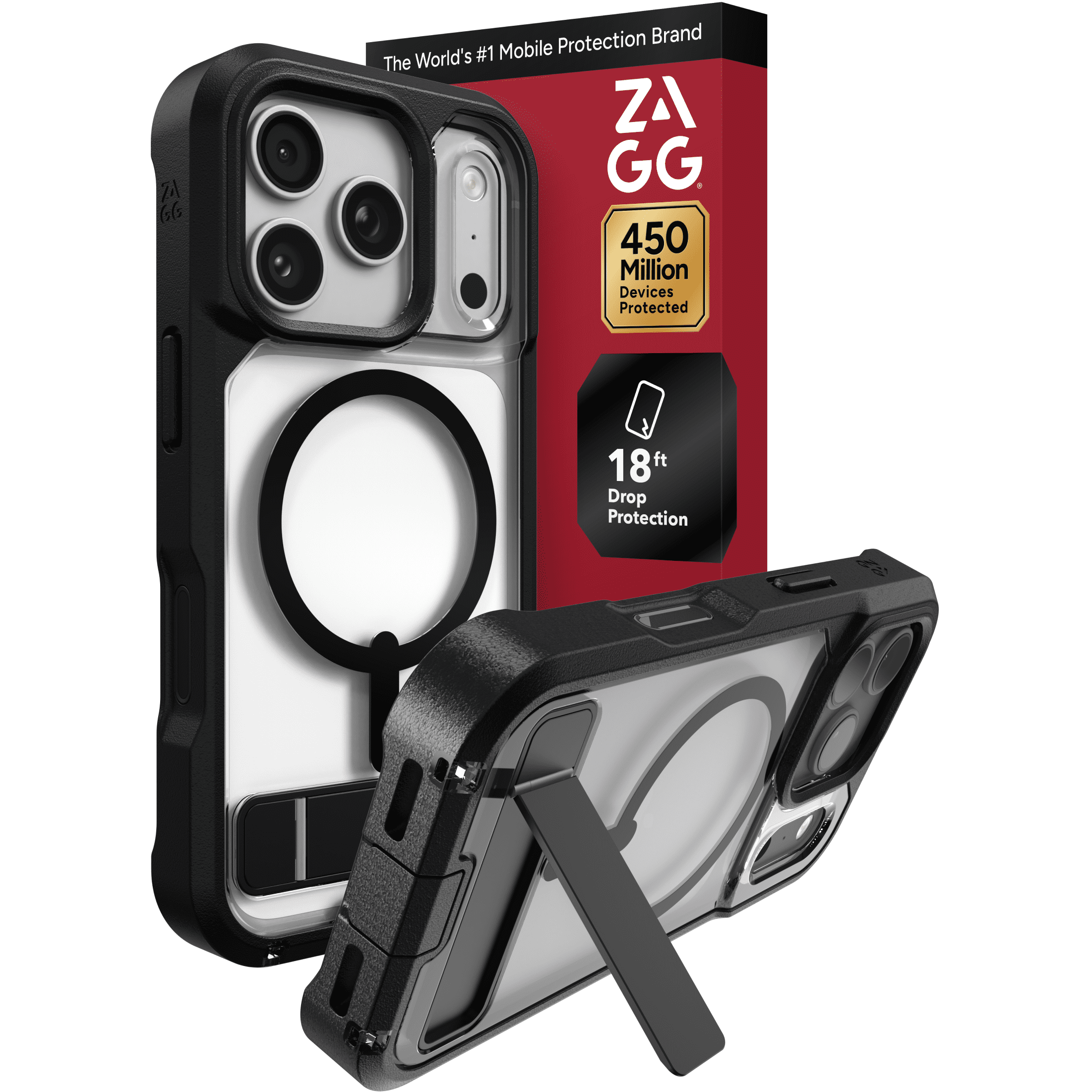 ZAGG Rugged Case - Apple iPhone 18 Pro & 17 Pro Case with MagSafe and Built-In Kickstand – Clear/Black