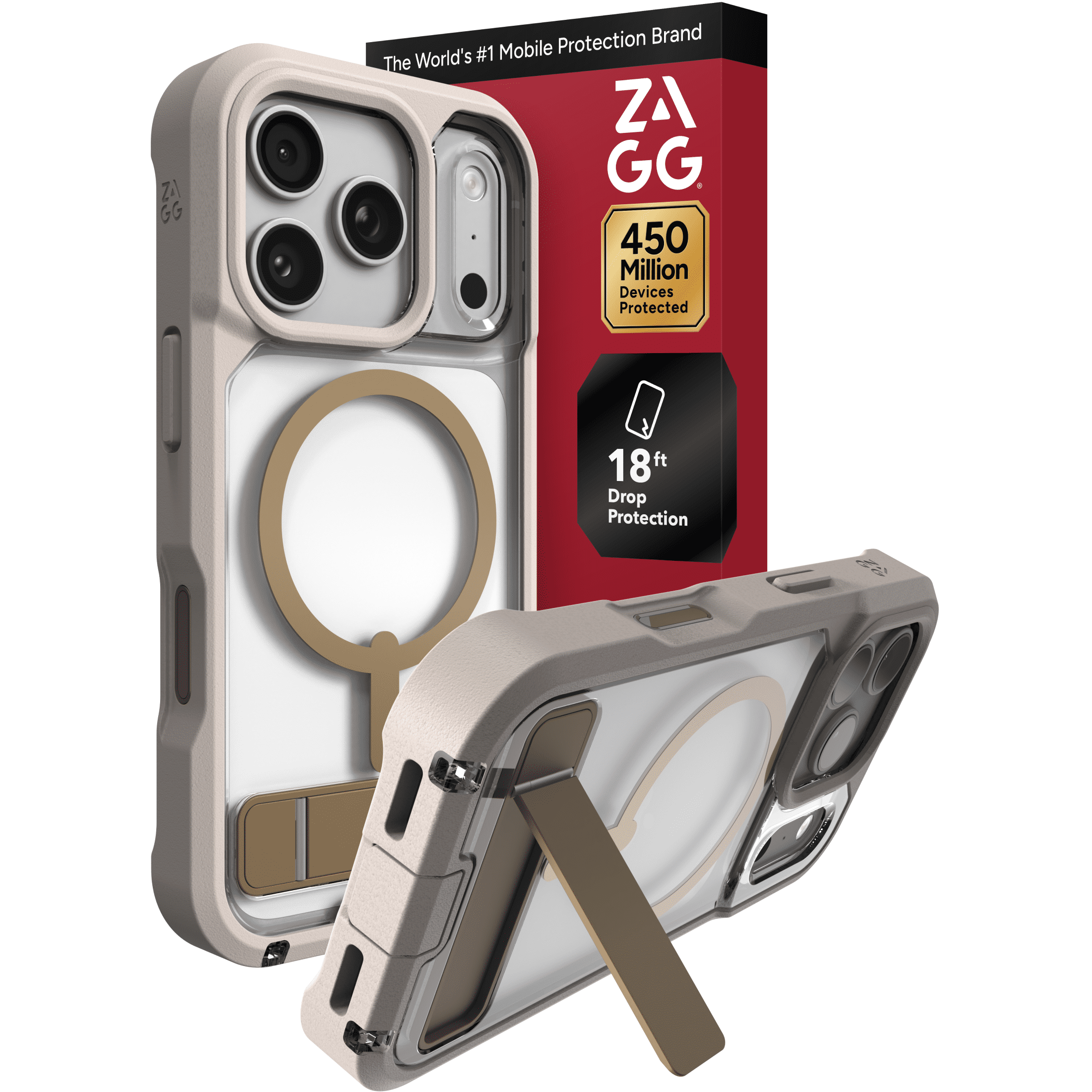 ZAGG Rugged Case - Apple iPhone 18 Pro & 17 Pro Case with MagSafe and Built-In Kickstand – Clear/Sandstone