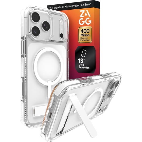 ZAGG Santa Cruz Snap Case with Kickstand for iPhone 17 Pro Max - White Drop Protection (13ft/4m) MagSafe Charging Compatible ClearGuard Anti-Yellowing Technology Scratch Resistant Phone Case