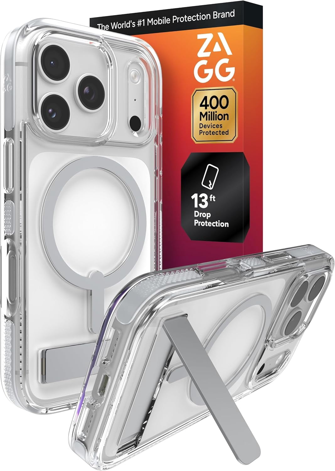 ZAGG Santa Cruz Snap Case with Kickstand for iPhone 17 Pro - Silver Drop Protection (13ft/4m) MagSafe Charging Compatible ClearGuard Anti-Yellowing Technology Scratch Resistant Phone Case