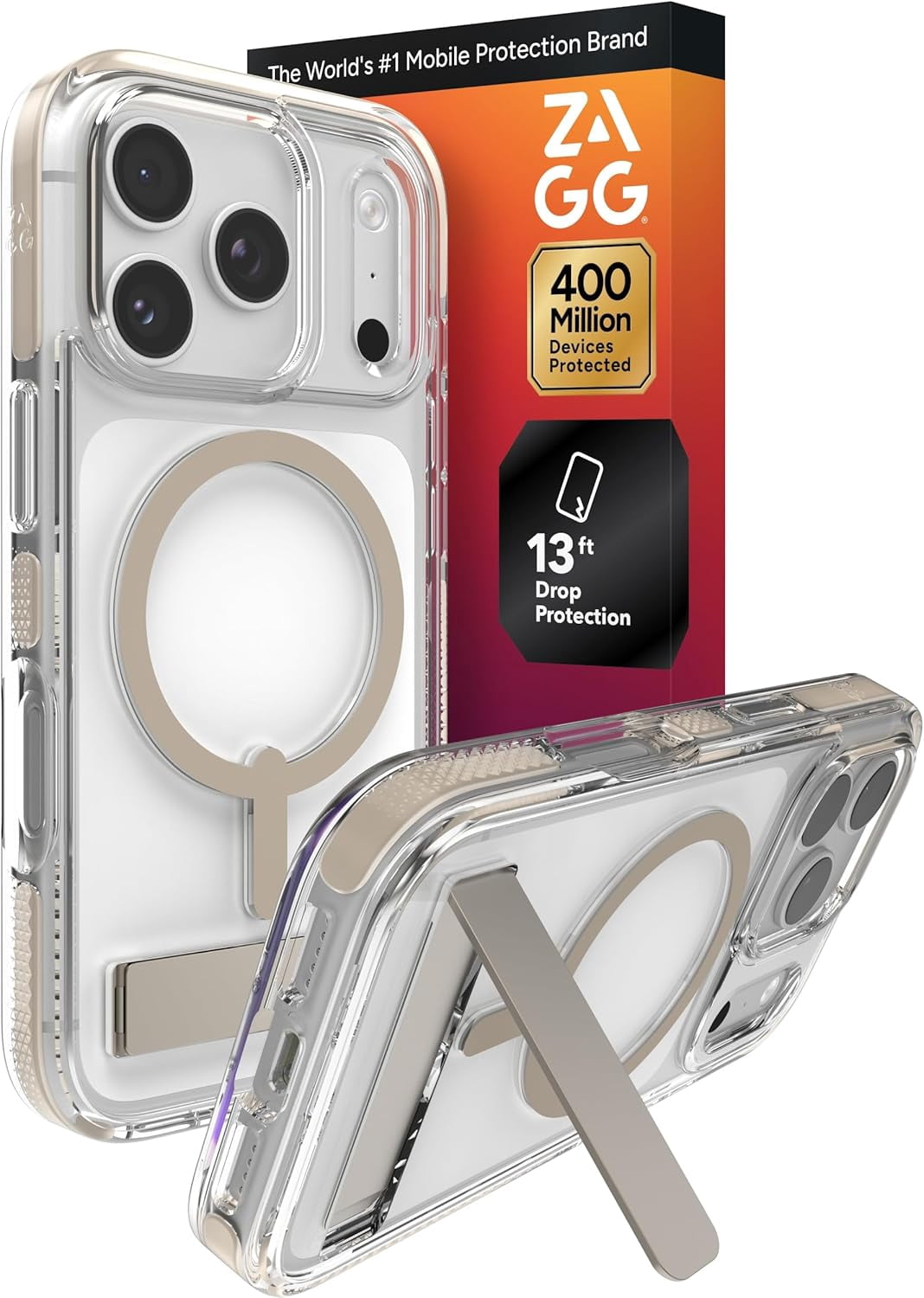 ZAGG Santa Cruz Snap Case with Kickstand for iPhone 17 Pro - Titanium Drop Protection (13ft/4m) MagSafe Charging Compatible ClearGuard Anti-Yellowing Technology Scratch Resistant Phone Case