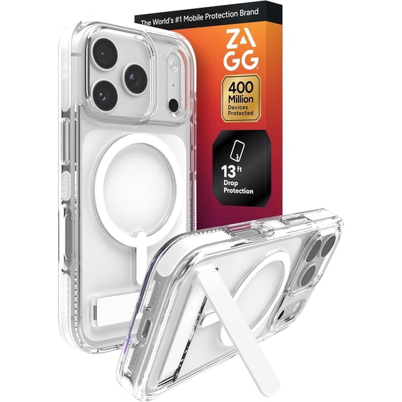 ZAGG Santa Cruz Snap Case with Kickstand for iPhone 17 Pro - White Drop Protection (13ft/4m) MagSafe Charging Compatible ClearGuard Anti-Yellowing Technology Scratch Resistant Phone Case