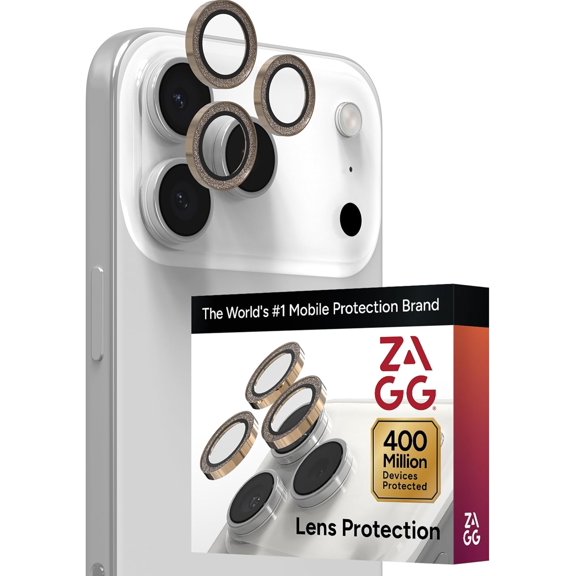 ZAGG iPhone Camera Lens Protector for iPhone 17/16/15 Pro and Pro Max Models - Gold Glitter Camera Ring Maximum Impact & Scratch Protection Anti-Reflective Technology Glass Elite