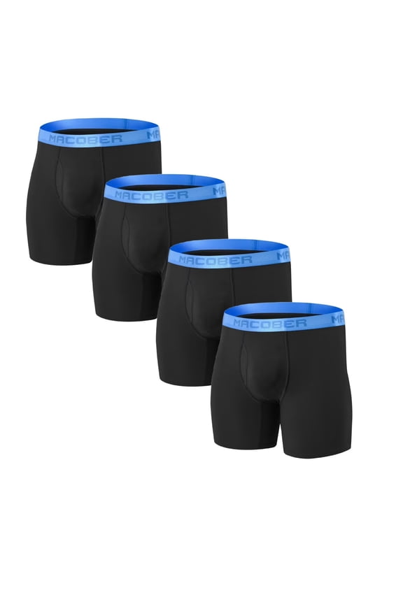 Men's Boxer Briefs Long - Leg Open Front Bulge Pouch Bamboo Viscose Breathable Comfortable 4Pack Black M