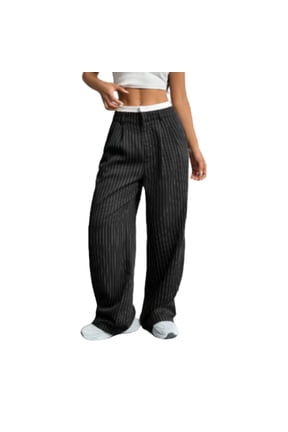 Women's Casual High Waisted Striped Straight Leg Pants for Commuting Black S
