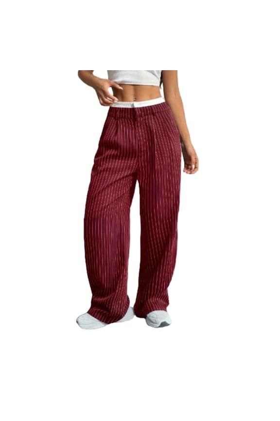 Women's Casual High Waisted Striped Straight Leg Pants for Commuting WineRed S