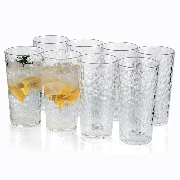 ZAINCA Hammered 24 Ounce Plastic Drinking Tumbler Acrylic Glasses, Set of 8 Clear