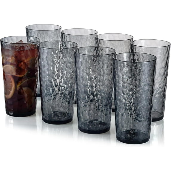 ZAINCA Hammered 24 ounce Plastic Drinking Tumbler Acrylic Glasses, Set of 8 Grey